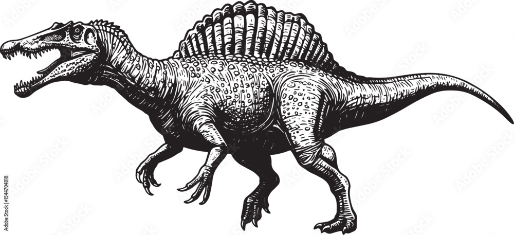 Fototapeta premium Detailed black and white illustration of a Spinosaurus dinosaur