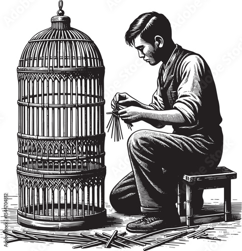 Artisan meticulously crafting an ornate bamboo birdcage with int