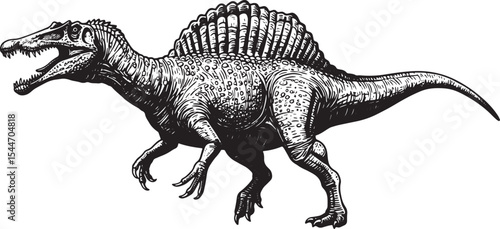 Detailed black and white illustration of a Spinosaurus dinosaur