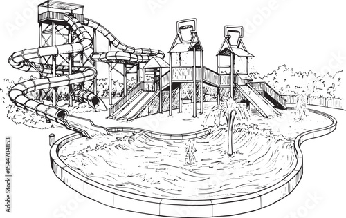 Black and White Illustration of a Water Park with Slides and a P