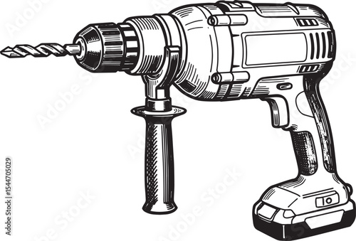 Black and white illustration of a cordless drill, isolated on wh