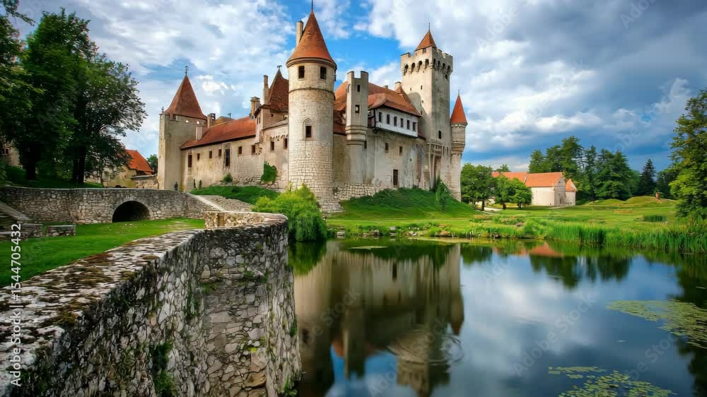 Majestic medieval castle with serene moat and lush landscape under vibrant sky Majestic medieval castle with serene moat and lush landscape under vibrant sky