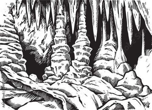 Black and white illustration of a cave interior with stalactites