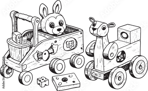 Monochrome illustration of wooden toy train and cart with a bunn