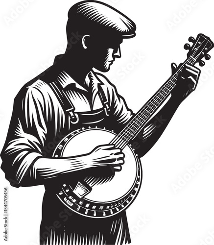 Vintage Banjo Player Woodcut Illustration in Black and White Mus
