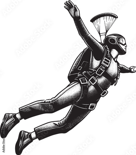 Bold woodcut illustration of skydiver in action, stylized vintag