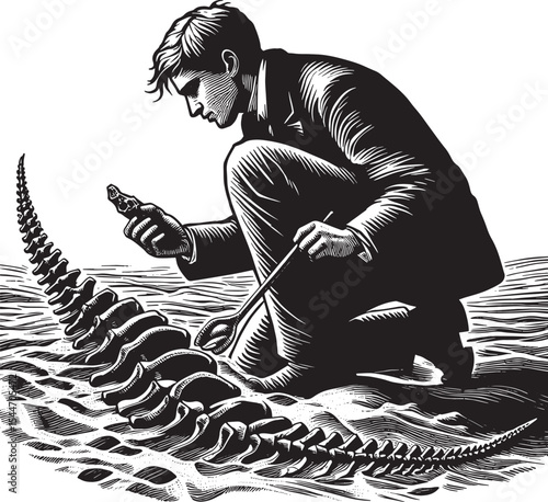 Paleontologist carefully examines fossil bones unearthed from sa