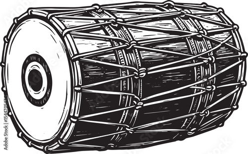 Detailed Monochrome Illustration of a Dholak Musical Instrument