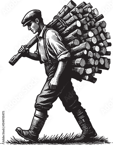 Monochrome depiction of a woodcutter carrying firewood in the fo
