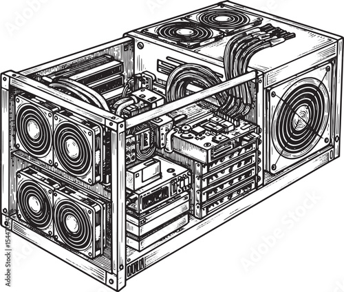 Detailed illustration of a cryptocurrency mining rig with fans a