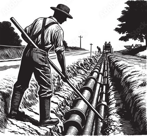Vintage depiction of a man laying sewer pipes, showcasing infras