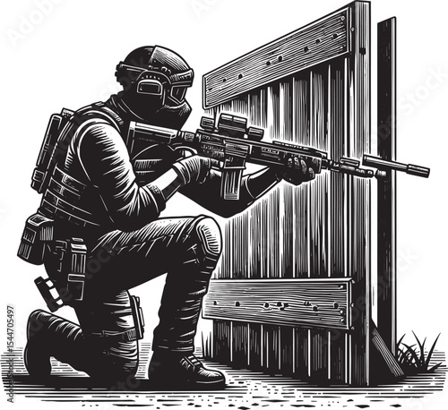 Strategic warrior behind barrier, laser rifle poised in black an
