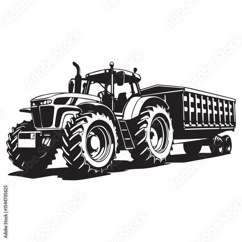 Powerful farm tractor with attached trailer