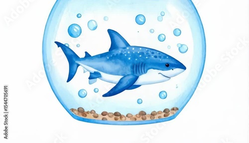 Adorable Cartoon Shark in a Small Fishbowl Watercolor Illustration Perfect for Children's Books or Educational Materials
