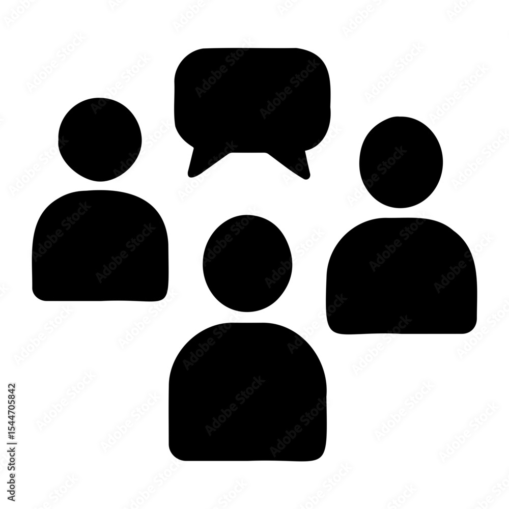 Illustration of three people with a speech bubble above them representing communication and discussion on transparent background Illustration of three people with a speech bubble above them representing communication and discussion on transparent background