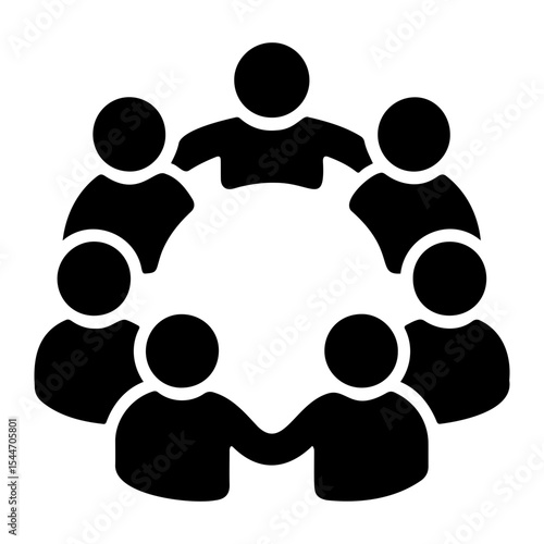 Illustration of a group of eight stylized black figures standing in a circle holding hands on transparent background