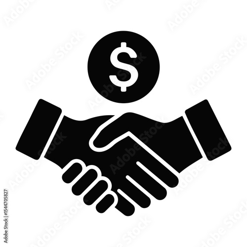 Illustration of a handshake with a dollar coin above it representing a financial agreement deal on transparent background