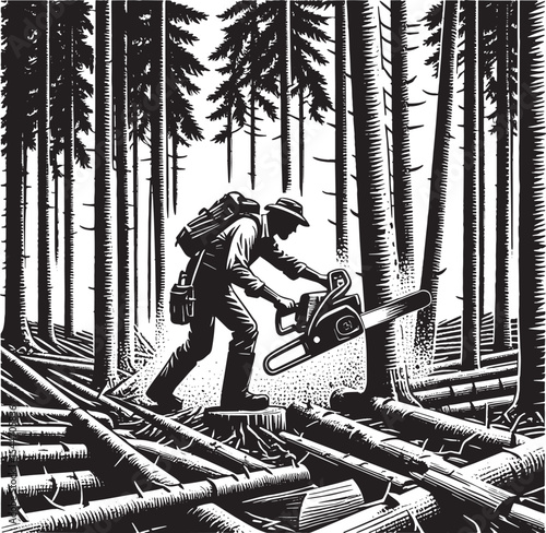 Monochrome image of a lumberjack at work in forest with a chains