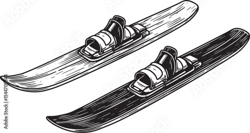 Vintage Skiing Equipment Illustration: Pair of Skis in Black and