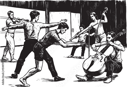 Black and white illustration depicting musicians playing with da