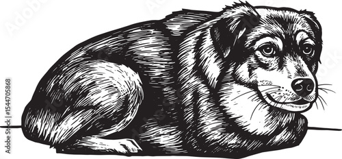 Black and white illustration of a dog resting, digital art, pet