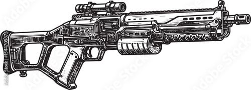 Detailed hand-drawn illustration of a futuristic assault rifle o