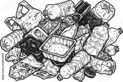 Monochrome illustration of a pile of plastic waste, highlighting