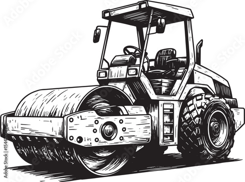Detailed illustration of a road roller, black and white, perfect