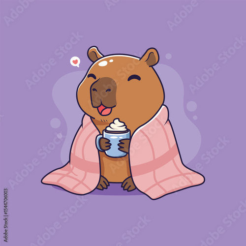 Cozy Cute Capybara Enjoying coffe latte. vector illustration