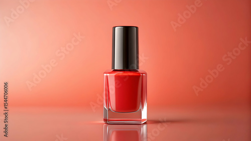 Glossy red nail polish bottle on light coral background