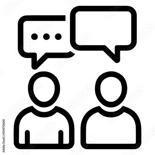 Two minimalist figures engaged in conversation with speech bubbles above their heads in black outline on transparent background