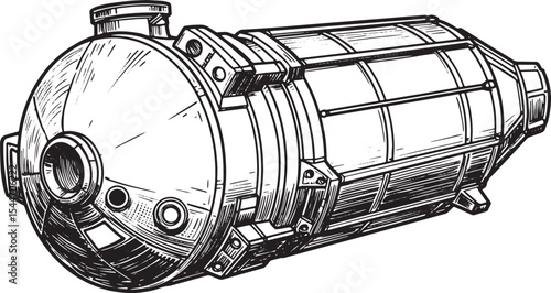Detailed monochrome illustration of a cylindrical industrial mac