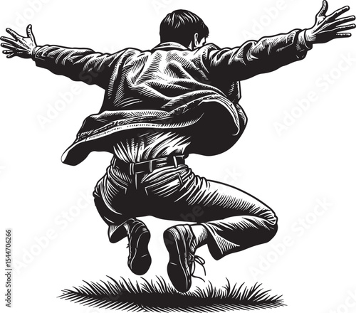 Exuberant leap of faith: A woodcut depiction of a man in joyous