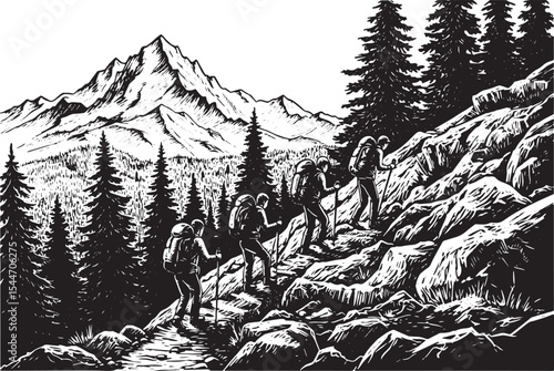 Black and White Illustration of Hikers Ascending a Mountain Trai