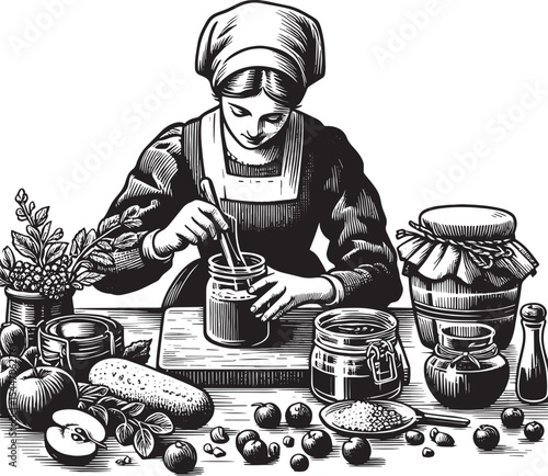 Vintage Woodcut of a Woman Making Homemade Jam, Isolated Illustr