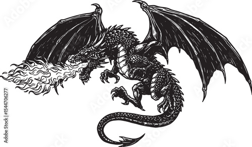 Detailed Black and White Illustration of a Dragon Breathing Fire