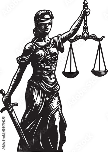 Symbolic representation of justice with scales and sword in blac
