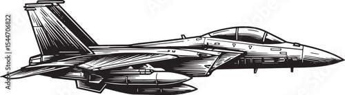 Detailed black and white illustration of a fighter jet on a whit