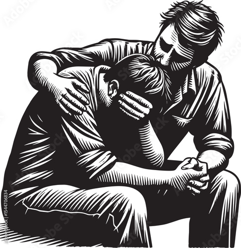 A comforting embrace: A man consoles another in a distressed woo