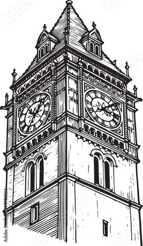 Detailed Black and White Illustration of the Iconic Big Ben Cloc