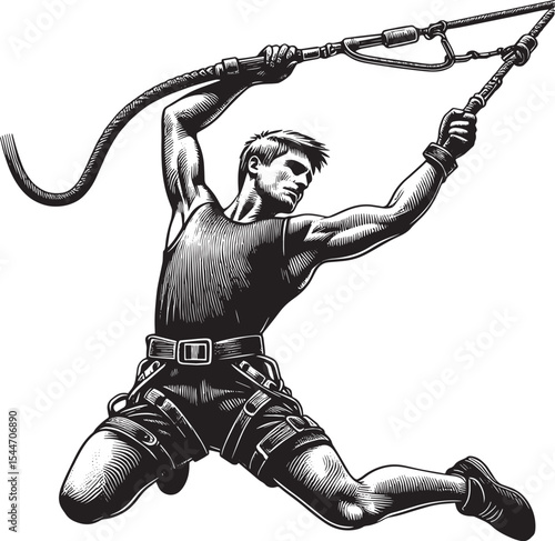 Dynamic woodcut style illustration of a male athlete bungee jump