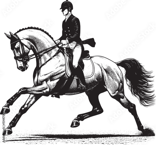 Elegant dressage performance rendered in monochromatic woodcut a