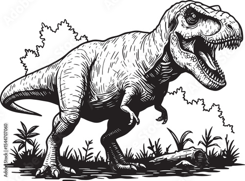 Detailed Black and White Illustration of a Tyrannosaurus Rex Din