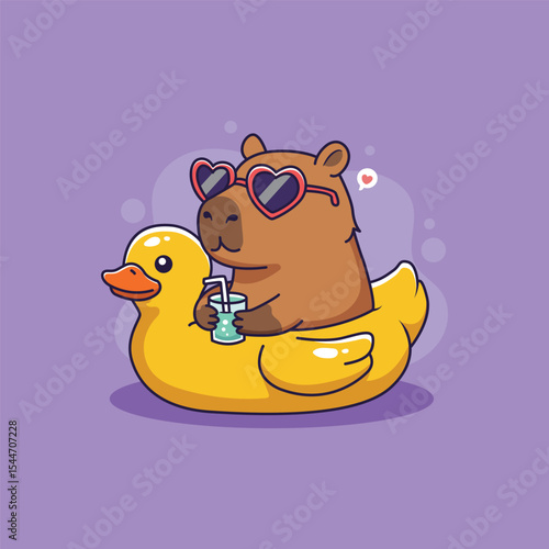 Capybara chilling on a rubber duck float with heart sunglasses. vector illustration