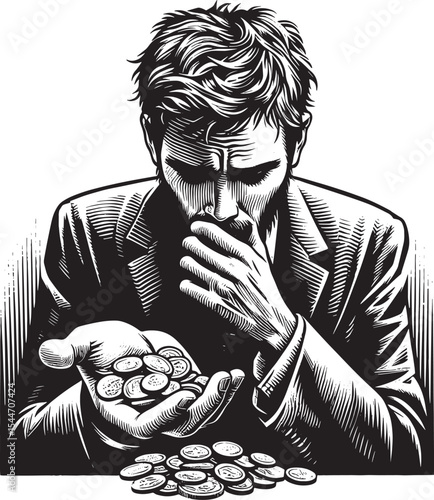 Distressed man counting coins, grappling with financial hardship