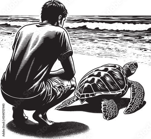 Woodcut depiction of a solitary man watching a sea turtle return