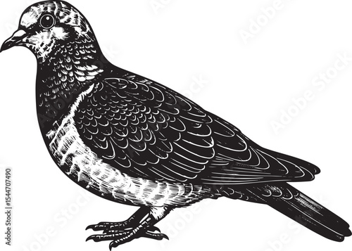 Detailed illustration of a pigeon in black and white on a white