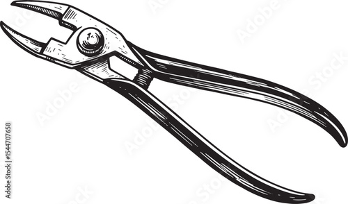 Detailed black and white illustration of wire cutter pliers on a