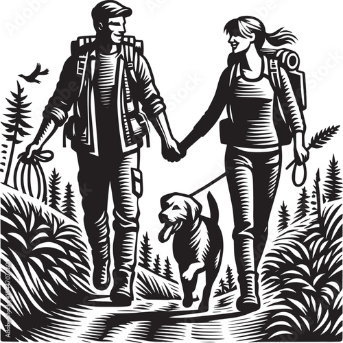 A couple and their dog enjoy a joyful hike together, captured in