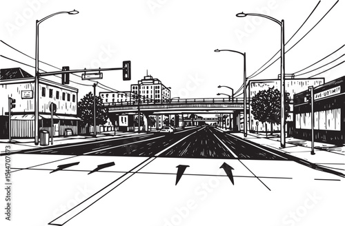 Black and white illustration of a city street scene with buildin